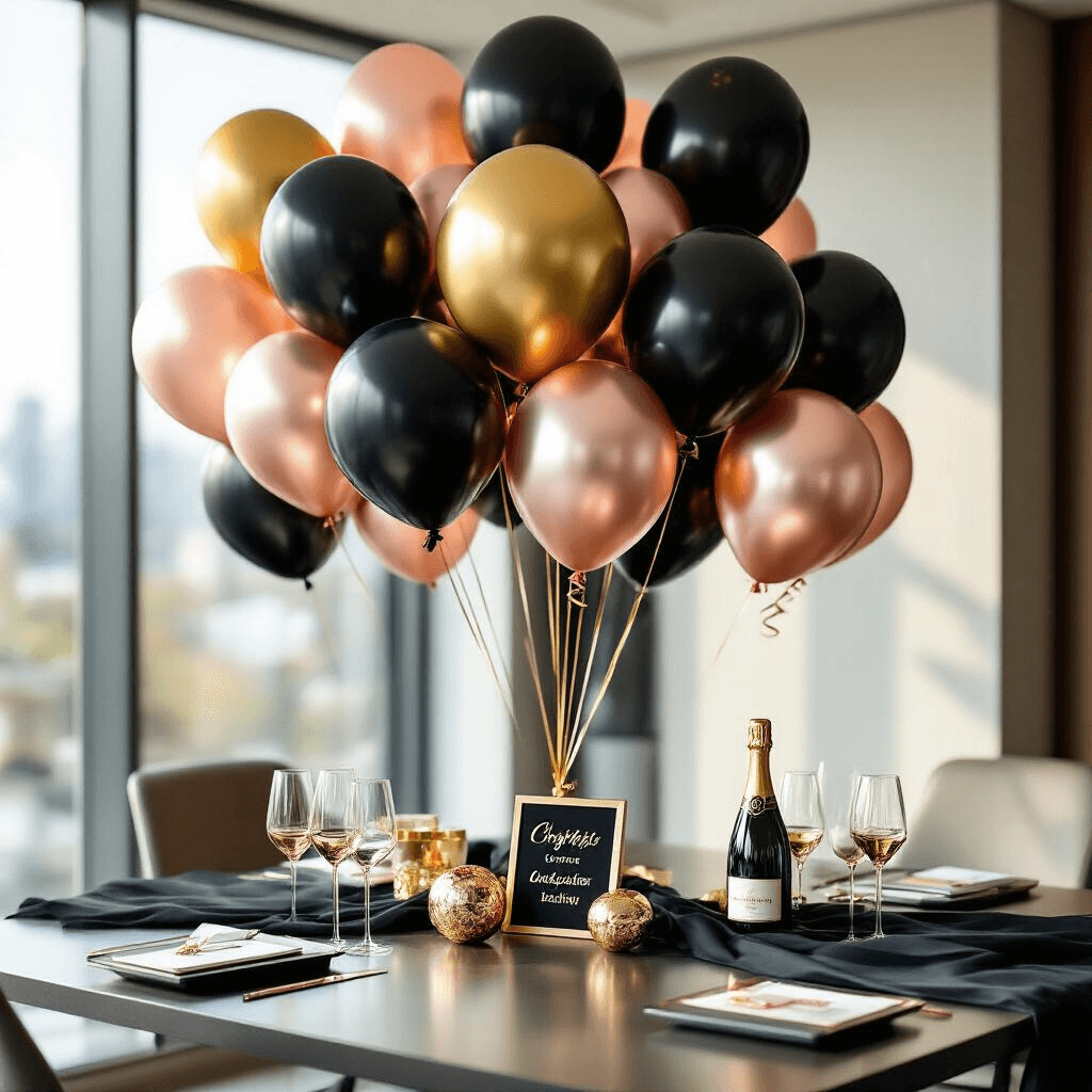 An elegant office promotion celebration setup on a sleek conference table featuring black, gold, and rose gold balloons, silk black linens, gold-rimmed glassware, and personalized signage, all illuminated by soft morning light.