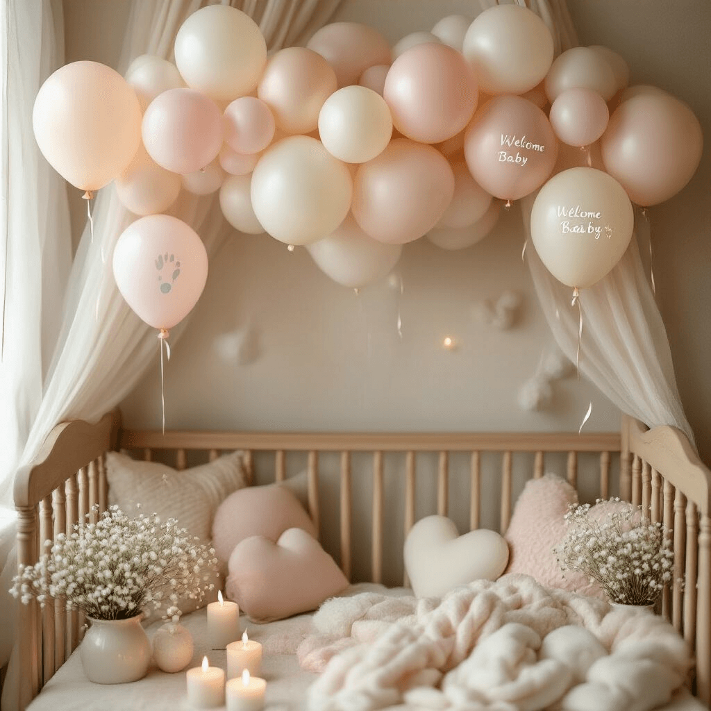 A cozy nursery decorated for a whimsical baby celebration, featuring soft pastel balloons in blush pink, cream, and pearl white above a vintage wooden crib, with delicate foil balloons and heart-shaped accents, warm candlelight, plush textiles, fresh baby's breath florals, and trailing silk ribbons, all creating a magical evening ambiance.