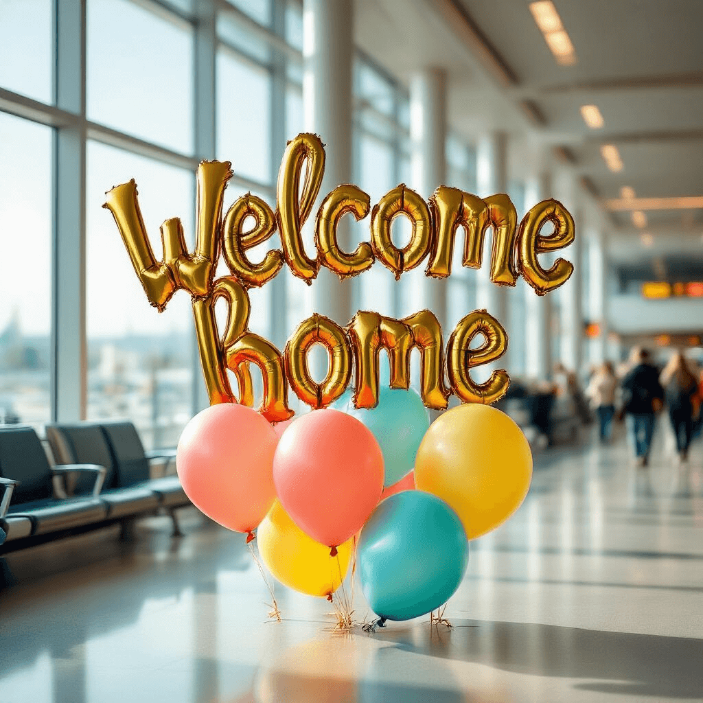A vibrant airport arrival scene featuring a large metallic gold 'Welcome Home' balloon cluster near a bustling baggage claim, surrounded by coordinating coral, turquoise, and sunny yellow latex balloons. Soft natural light illuminates the area, highlighting the elegant balloon garland and capturing the emotional anticipation of reunion.