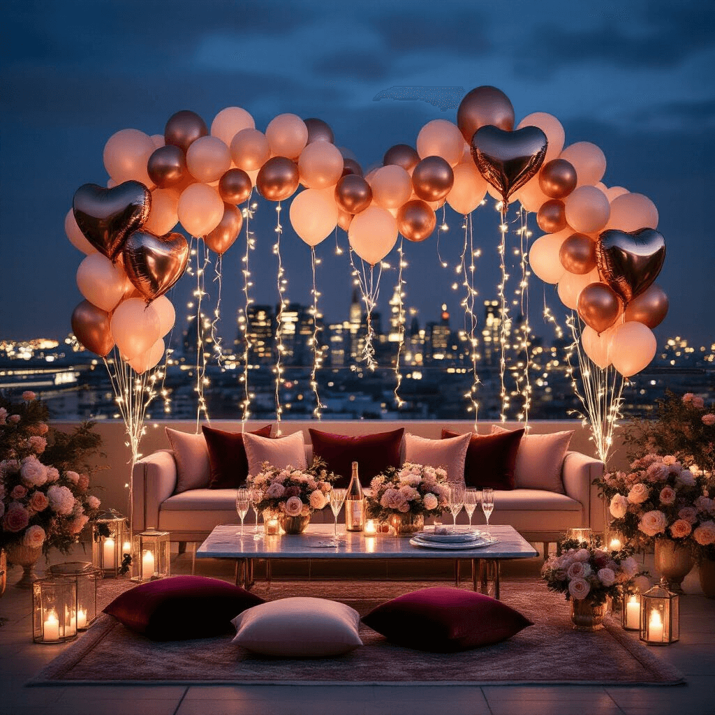 A romantic rooftop engagement celebration at night featuring rose gold and champagne-colored balloons, oversized heart-shaped foil balloons, and 'She Said Yes' letter balloons against a city skyline, illuminated by warm string lights, with a low table arrangement of burgundy cushions, marble serving pieces, crystal flutes, and cascading blush and ivory florals.