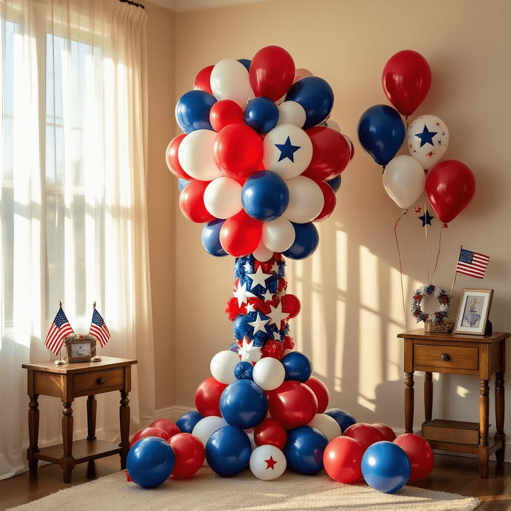 An intimate living room decorated for a military homecoming, featuring a large red, white, and blue balloon centerpiece and star-patterned latex balloons, with warm golden hour light filtering through sheer curtains and illuminating a balloon garland on a cream-colored wall.