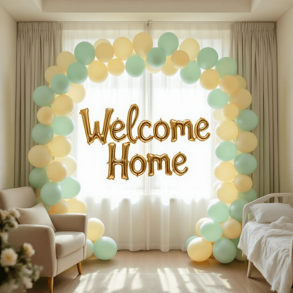 A cozy hospital room celebrating a newborn's homecoming, featuring pastel mint and pale yellow balloon garlands, a large 'Welcome Home' foil balloon, sunlight filtering through curtains, and letter balloons spelling the baby's name, with floral accents and a plush chair.