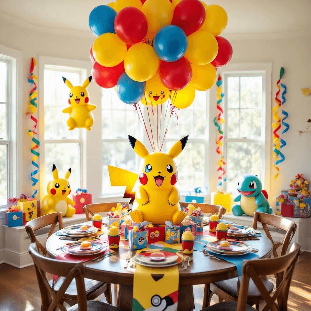 Wide-angle shot of a sunlit living room decorated as a Pokémon paradise, featuring colorful mylar balloons of Pikachu, Charmander, Squirtle, and Bulbasaur, vibrant latex balloons, curling ribbon streamers, a round birthday table with Pokéball-themed settings, and a large Pikachu balloon centerpiece against white walls adorned with Pokémon wall decals.
