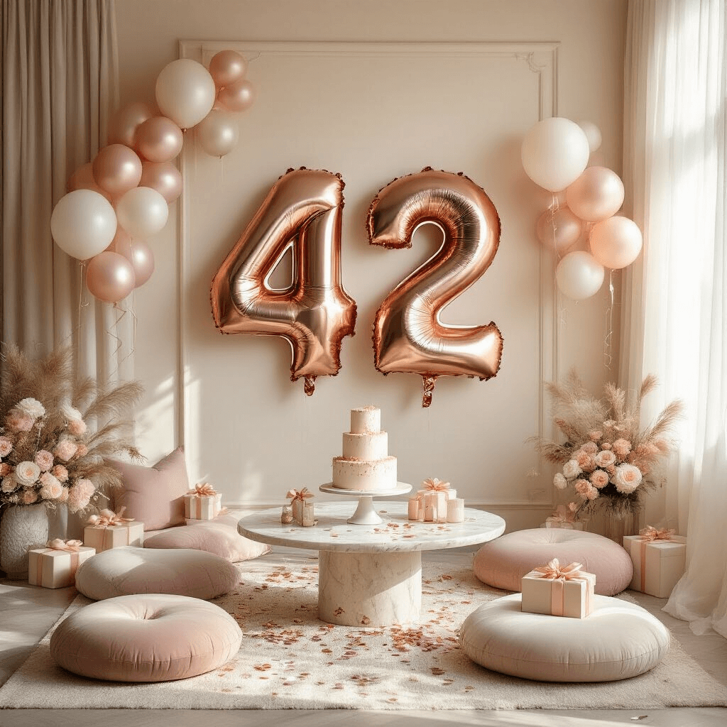 A photorealistic overhead view of a cozy birthday party setup featuring 42-inch rose gold number balloons, a marble coffee table with a tiered vanilla cake, velvet floor cushions, pastel balloon clusters, and warm candlelight, all against a soft cream wall.