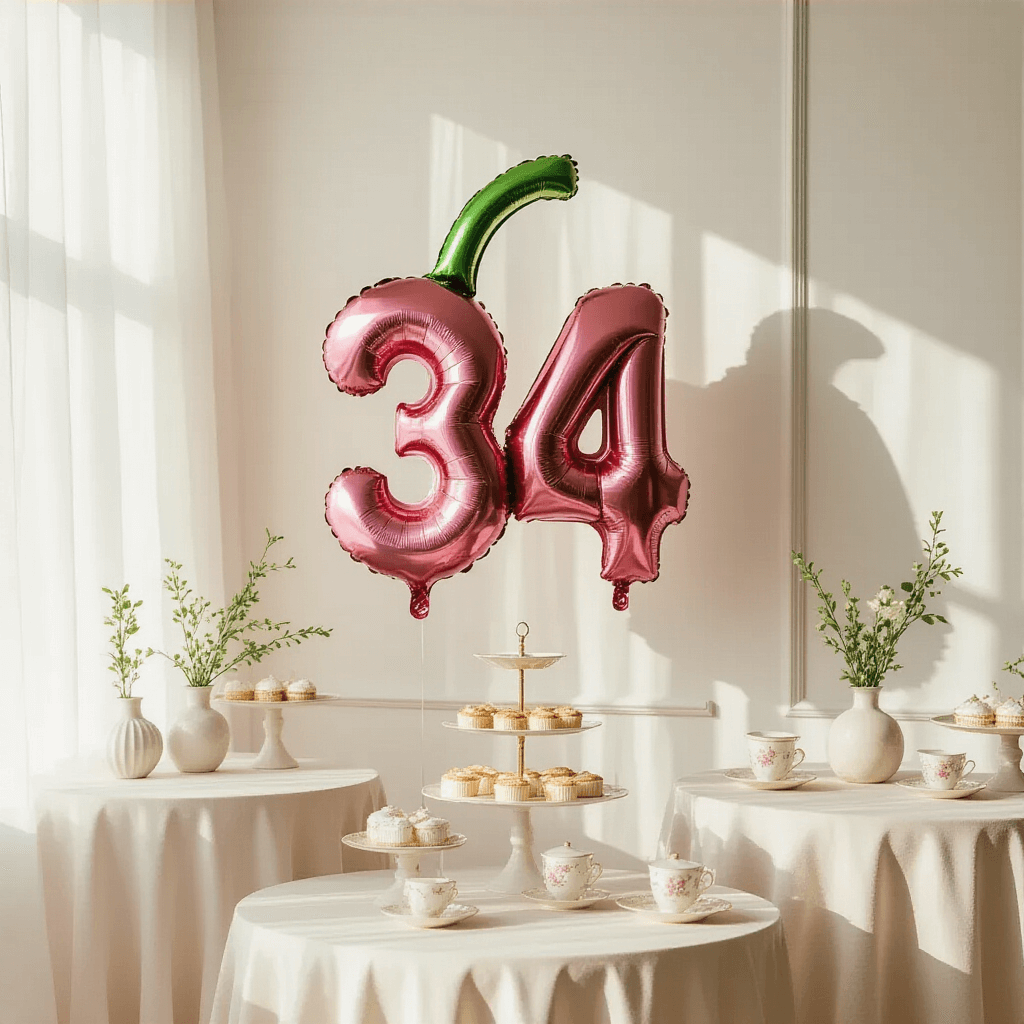 Luxurious party scene featuring a 34-inch metallic cherry-shaped foil balloon against a soft white wall, with a pastel pink and cream color palette, round tables draped in crisp linen, minimalist vases with fresh green stems, and a dessert cart with vintage porcelain cake stands, all illuminated by soft golden hour light.