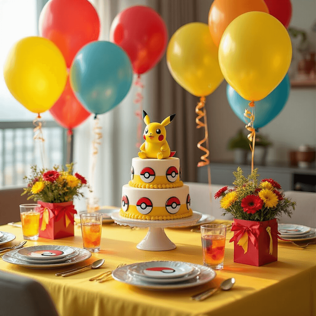 Close-up of an elegant Pokémon-themed birthday party setup on a modern dining table, featuring a tiered cake, mylar balloons of starter Pokémon, silk yellow linens, Pokéball plates, colorful drinks, curled ribbons, and vibrant fresh flowers, all illuminated by soft morning light.