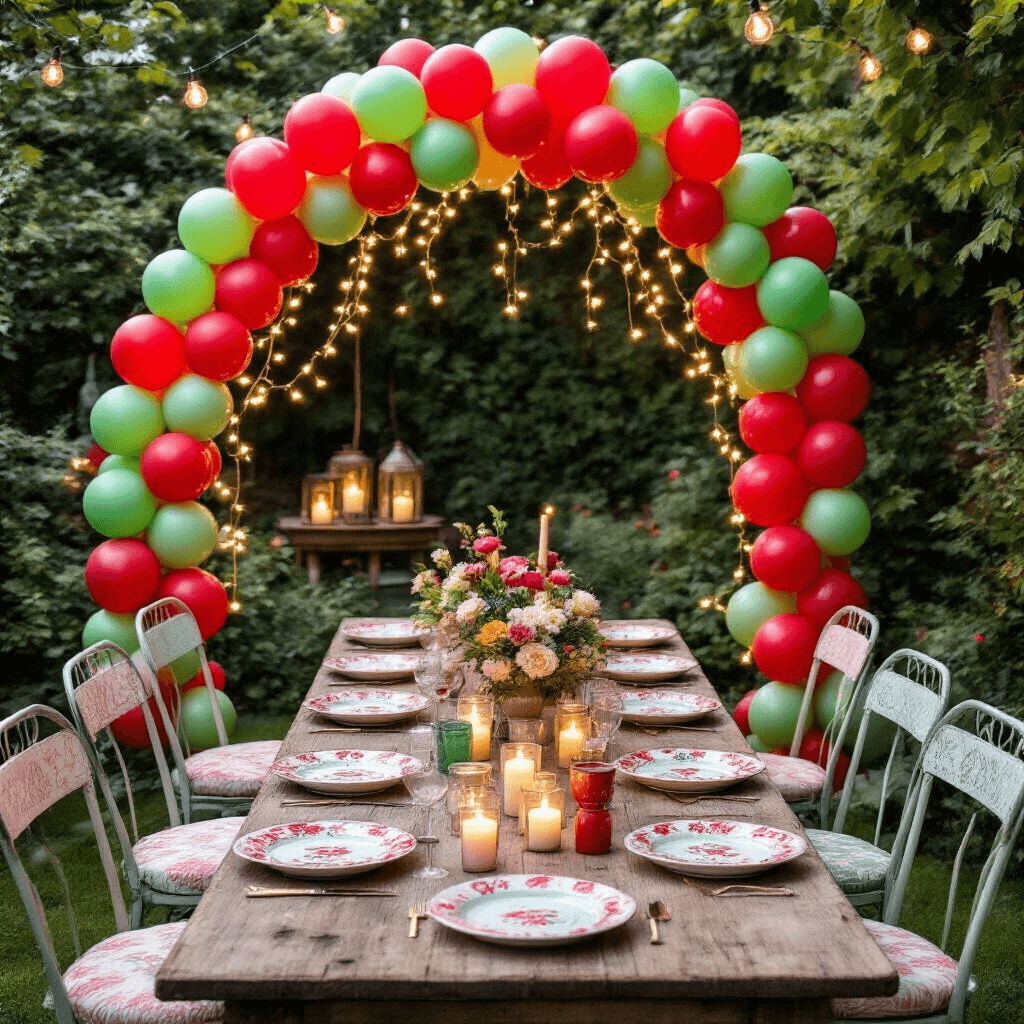 A whimsical summer garden party setup featuring a cherry balloon garland arch in vibrant red and green over a rustic wooden table, adorned with retro diner-style ceramic plates, vintage metal chairs with pastel cushions, and fairy lights for ambiance, complemented by candle groupings in mismatched holders against a natural garden backdrop.