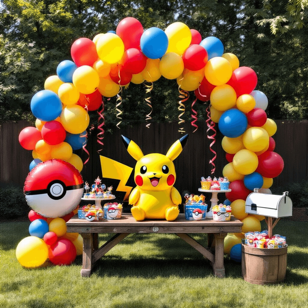 Overhead flat lay of a vibrant backyard Pokémon party entrance with a life-sized Pikachu mylar balloon and colorful balloon bouquet near a mailbox, featuring coordinating latex and Pokéball-themed balloons, curling ribbon streamers, and party favors on a rustic wooden table, all enhanced by midday sunlight and contrasting green grass.