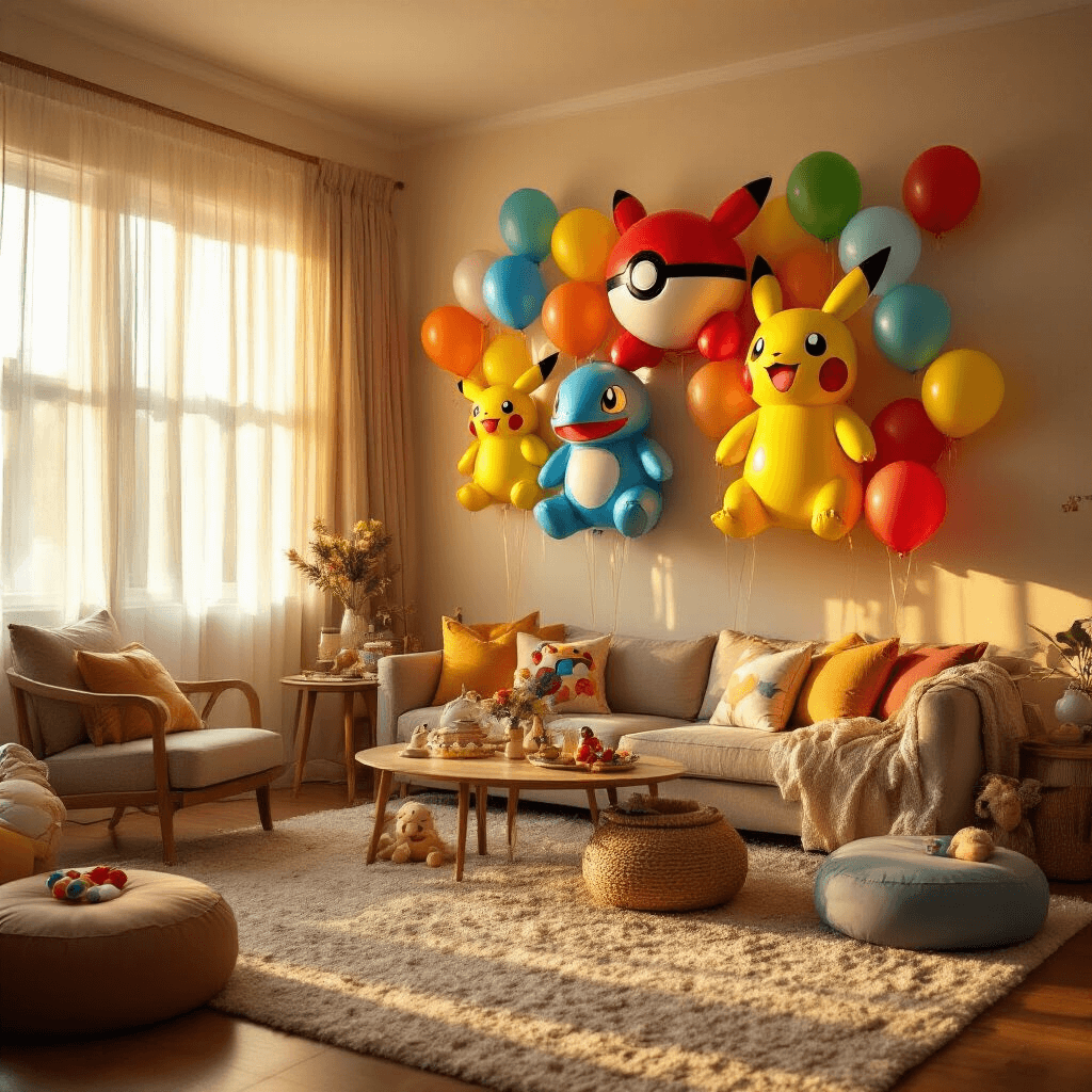 A cozy living room bathed in golden hour light, featuring a vibrant Pokémon balloon wall display with character balloons, plush carpet, comfortable seating, and playful decorative elements, creating an inviting and child-friendly atmosphere.
