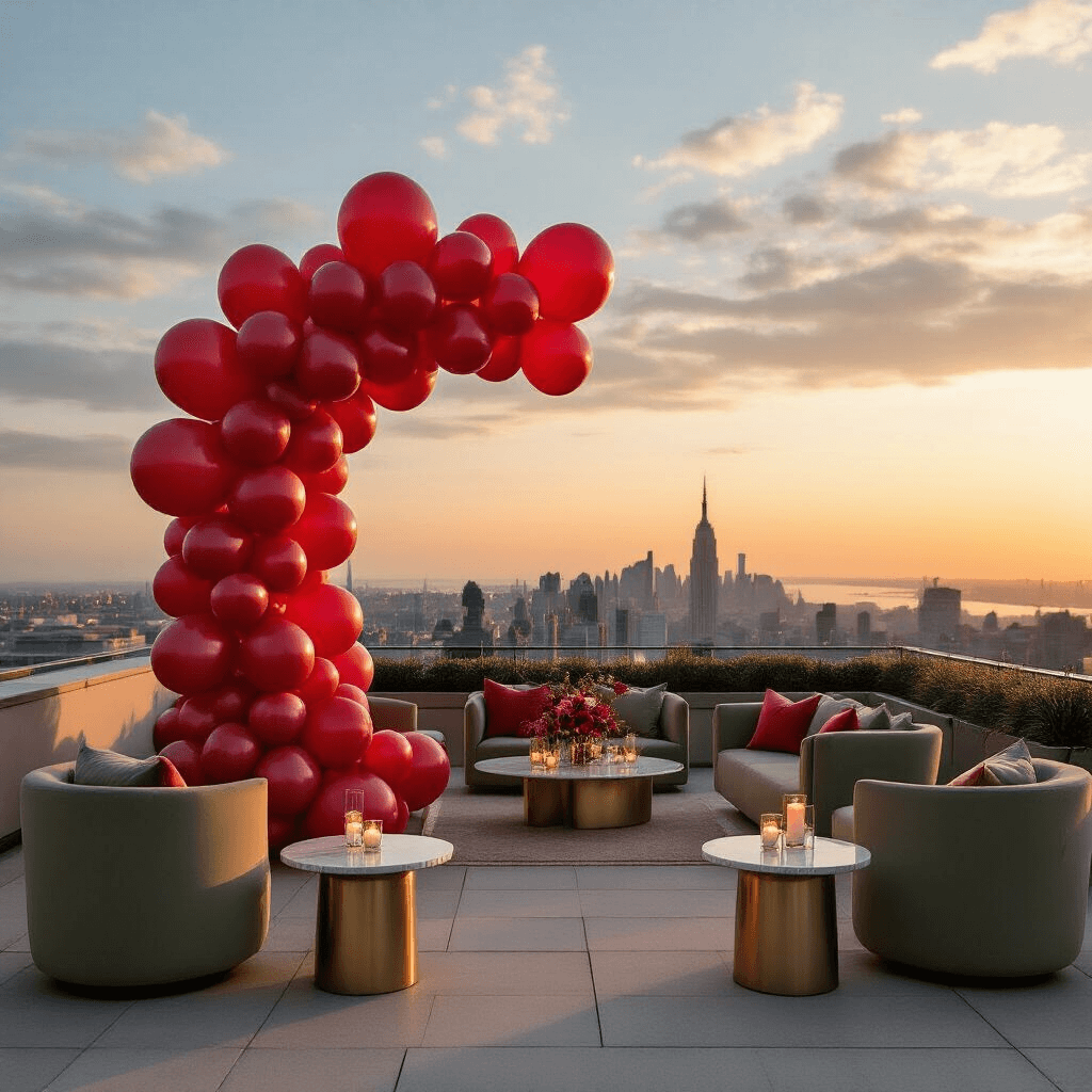 An intimate rooftop terrace party featuring a sophisticated cherry balloon display with large foil and smaller latex balloons, modern minimalist furniture in muted terracotta and sage green, sleek marble side tables, and a cityscape sunset backdrop, enhanced by soft evening light, delicate silk table runners, candle clusters, and elegant glassware, all captured in a cinematic wide-angle shot.
