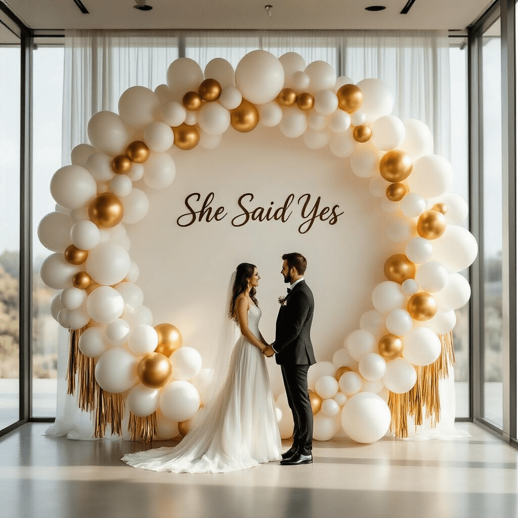 A photorealistic event scene featuring a stunning round balloon backdrop in white and gold, set in a modern minimalist space with natural lighting. The circular installation spans 10 feet, with varying balloon sizes and hanging gold tassels. A 'She Said Yes' sign is centered, framing an elegant couple in soft focus.