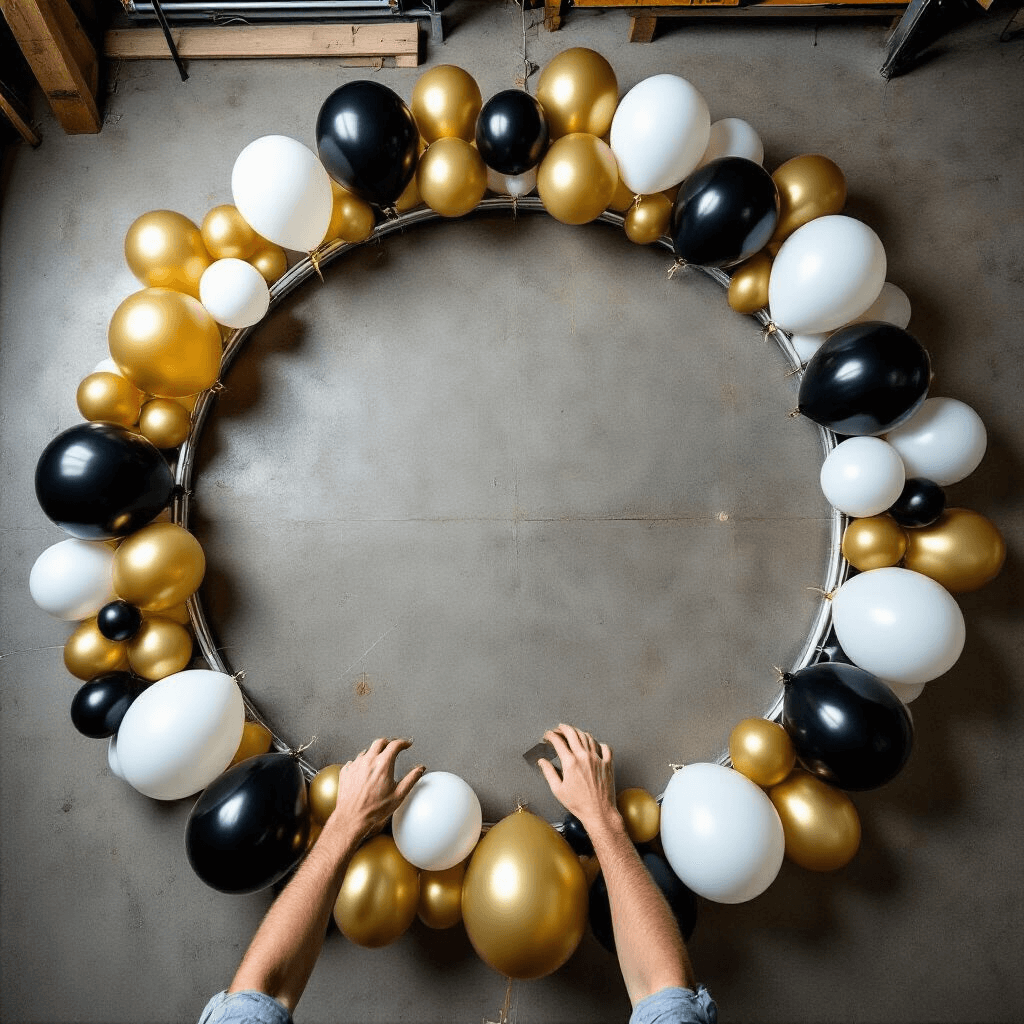 An overhead view of a garage workspace showing the process of creating a balloon backdrop with a circular metal frame, chrome gold, white, and black balloons, and tools like an electric pump, gaff tape, and clear fishing line, highlighting the intricate craftsmanship involved.