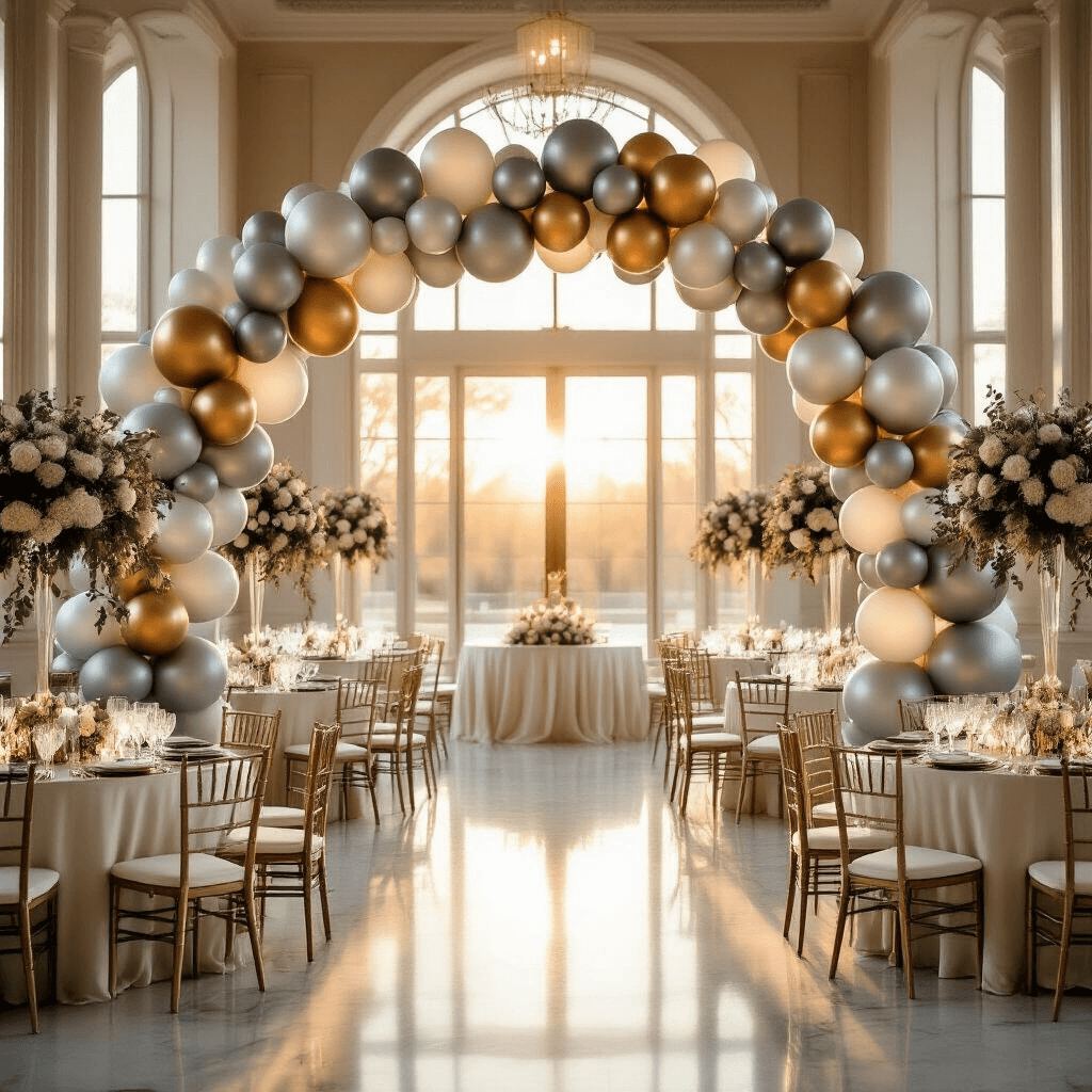 Cinematic wide-angle shot of an elegant ballroom at golden hour, featuring a silver and gold balloon arch at the entrance, soft sunlight illuminating round tables draped in ivory silk with sophisticated balloon centerpieces and crystal glassware, creating a refined celebration atmosphere.