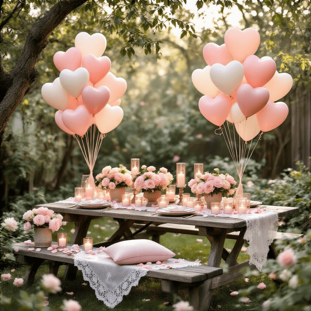 Overhead view of a romantic backyard garden party setup for Valentine's Day, featuring heart-shaped balloon arrangements in blush pink and cream, a rustic wooden picnic table with vintage lace runners, rose gold confetti-filled balloons, delicate glass votives with soft pink candles, and scattered rose petals amidst dappled morning light.