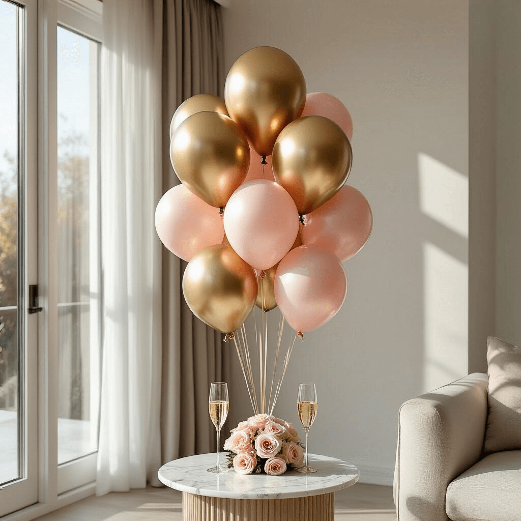 A luxurious birthday balloon bouquet in a sunlight-filled modern living room, featuring oversized metallic gold and blush pink balloons against white walls, with a marble side table holding a champagne flute and fresh roses, illuminated by soft morning light.