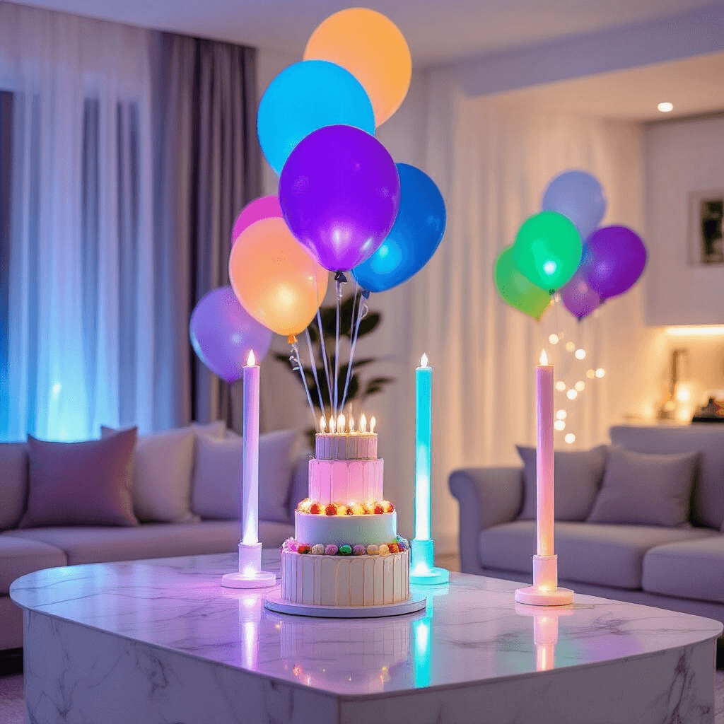 Close-up detail of a modern apartment living room decorated for a vibrant birthday celebration, featuring multicolor LED light-up balloons, a three-tiered birthday cake on a sleek marble countertop, and ambient fairy lighting, all against clean white walls.