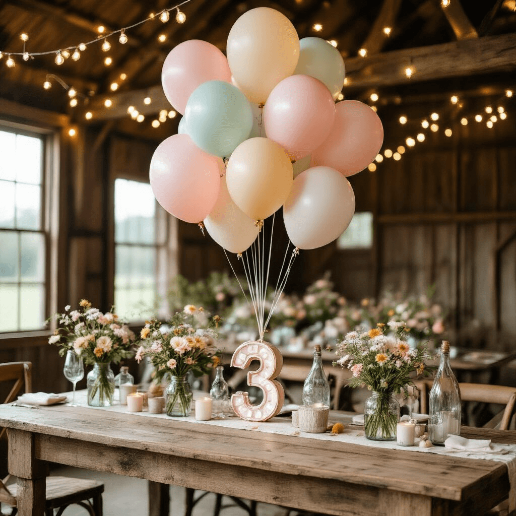 An intimate rustic barn birthday celebration with pastel balloons, fairy lights, and wildflower centerpieces on a reclaimed wood table, highlighting a hand-painted age balloon.