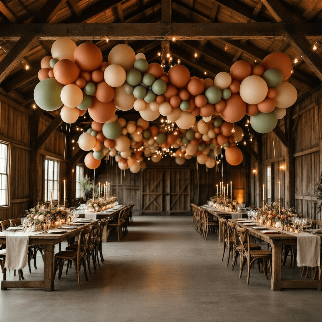 Wide shot of a rustic barn venue illuminated by candlelight, featuring elegant balloon installations in terracotta and sage, long farmhouse tables with natural linen runners, low balloon centerpieces, brass candelabras, and warm string lights, creating a romantic atmosphere.