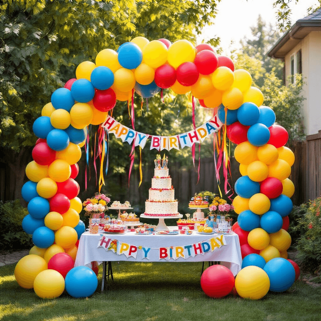 A colorful backyard birthday celebration featuring a large balloon arch in blue, yellow, and red, surrounded by balloon clusters and a decorated dessert table with a tall birthday cake, adorned with streamers and banners under soft afternoon sunlight.