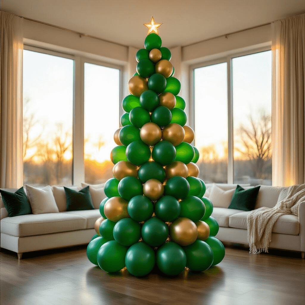 Wide-angle shot of a modern living room during golden hour, showcasing an 8-foot tall balloon Christmas tree made of emerald green latex balloons with metallic gold accents, beside a cream sectional sofa, illuminated by warm sunlight through large windows.