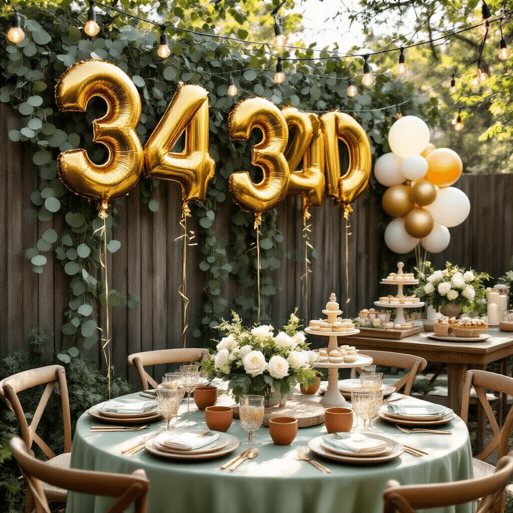 A whimsical backyard garden party featuring gold foil number balloons against a wooden fence, with sage green tables adorned in silk linens, floral centerpieces, and a dessert cart, all illuminated by string lights.