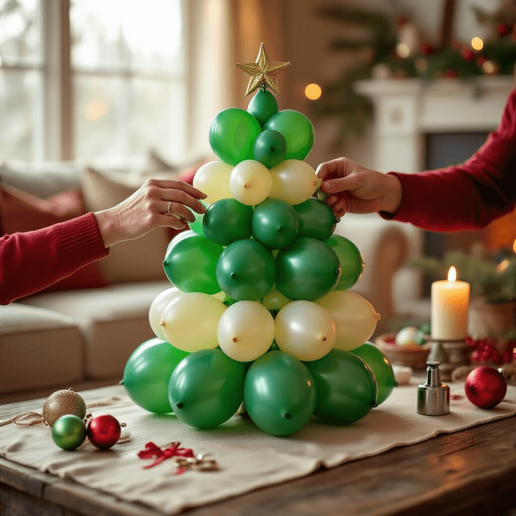 Close-up of hands assembling a balloon Christmas tree in a cozy room, with morning light illuminating the process of tying 12-inch balloons in clusters, showcasing silk ribbons, a metallic manual pump, and scattered supplies on a rustic table, alongside rich green latex colors and warm candlelight ambiance amidst traditional red and gold decorations.