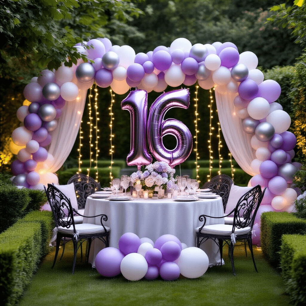 Number Balloon Decorations That'll Make Your Next Party Absolutely Unforgettable Cinematic wide-angle shot of a sweet sixteen outdoor garden party featuring a towering '16' foil balloon, surrounded by a cascading garland in lavender, silver, and white, with fairy lights and elegant wrought iron furniture in a lush setting.