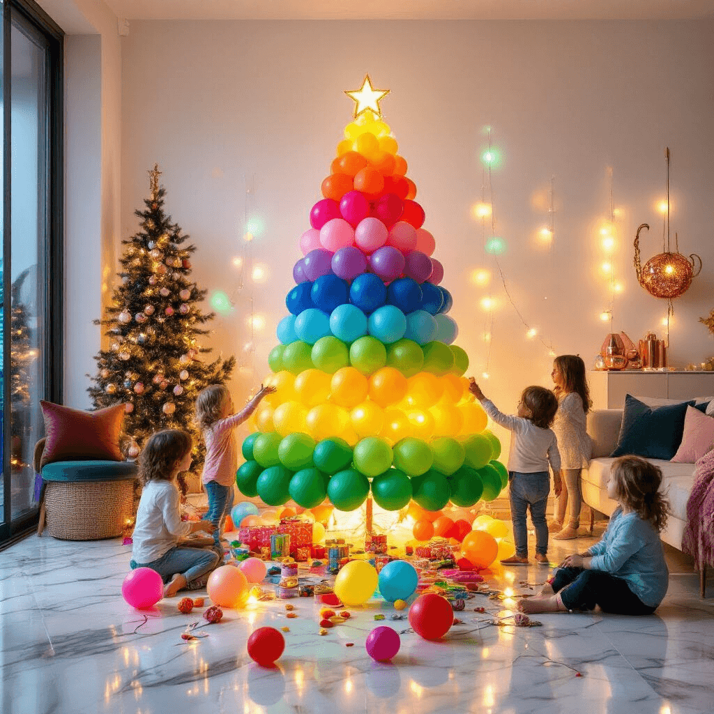 Overhead view of a stylish apartment living space at night, featuring a vibrant rainbow balloon Christmas tree surrounded by excited children and balloon-making supplies on marble flooring, illuminated by fairy lights casting colorful shadows. Modern furniture with jewel-toned velvet cushions and metallic rose gold accents complete the festive atmosphere.