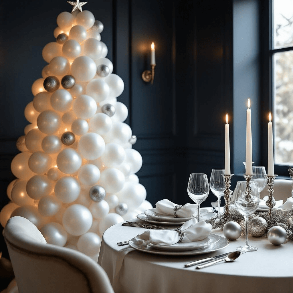 Cinematic wide shot of an intimate Christmas dining nook with an elegant all-white balloon Christmas tree beside a round dining table set for holiday dinner, illuminated by candlelight and featuring silk linens, crystal glassware, and silver accents against navy walls.