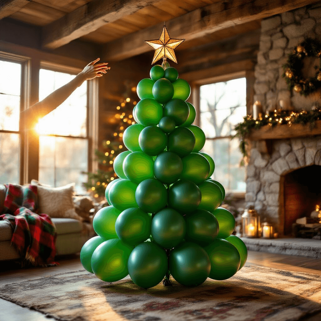Close-up of a child’s hand placing a metallic gold star atop a 7-foot balloon Christmas tree in a rustic living room during golden hour, featuring deep green balloon clusters, weathered wood beams, and a stone fireplace, with cozy textiles and warm sunlight creating a magical atmosphere.