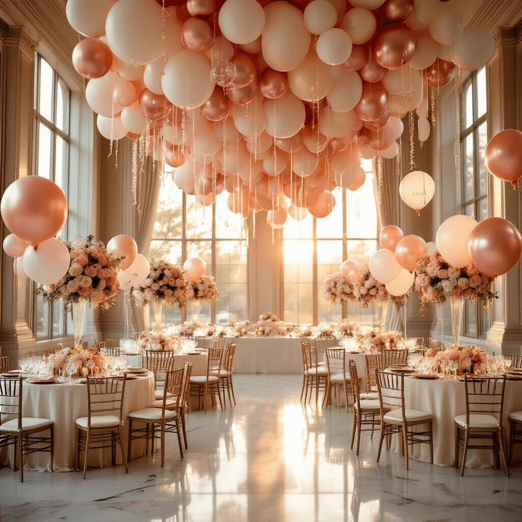 A beautifully decorated indoor ballroom during golden hour, featuring pink, cream, and rose gold balloon garlands, elegantly arranged round tables with silk ivory linens, and stunning balloon centerpieces in ombre shades, illuminated by sunlight streaming through tall windows.
