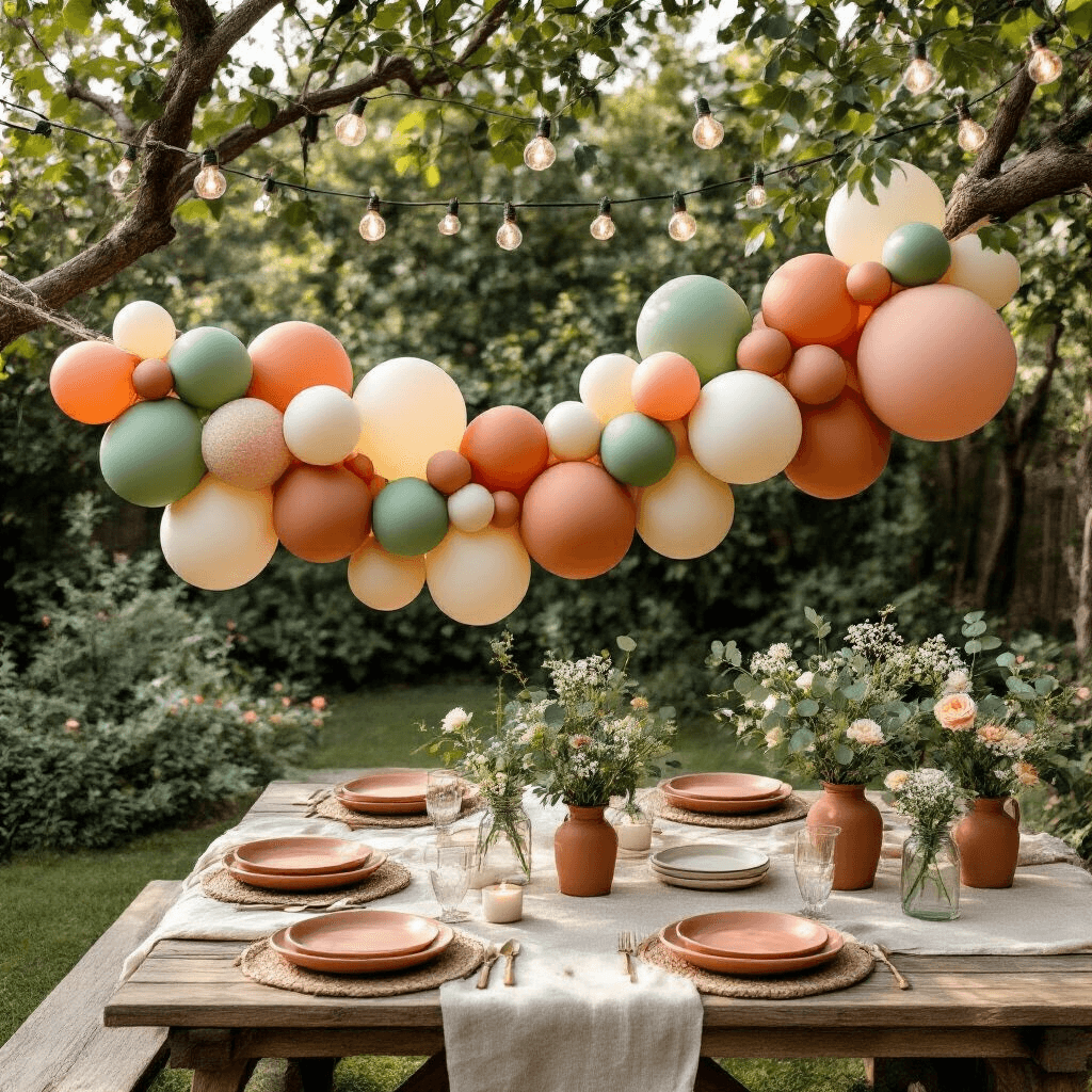 An intimate garden party setup featuring a whimsical balloon garland in terracotta, sage green, and cream, with rustic wooden picnic tables adorned with low-profile floral arrangements, ceramic plates, and mason jar centerpieces, all under soft morning light and string lights hanging overhead.