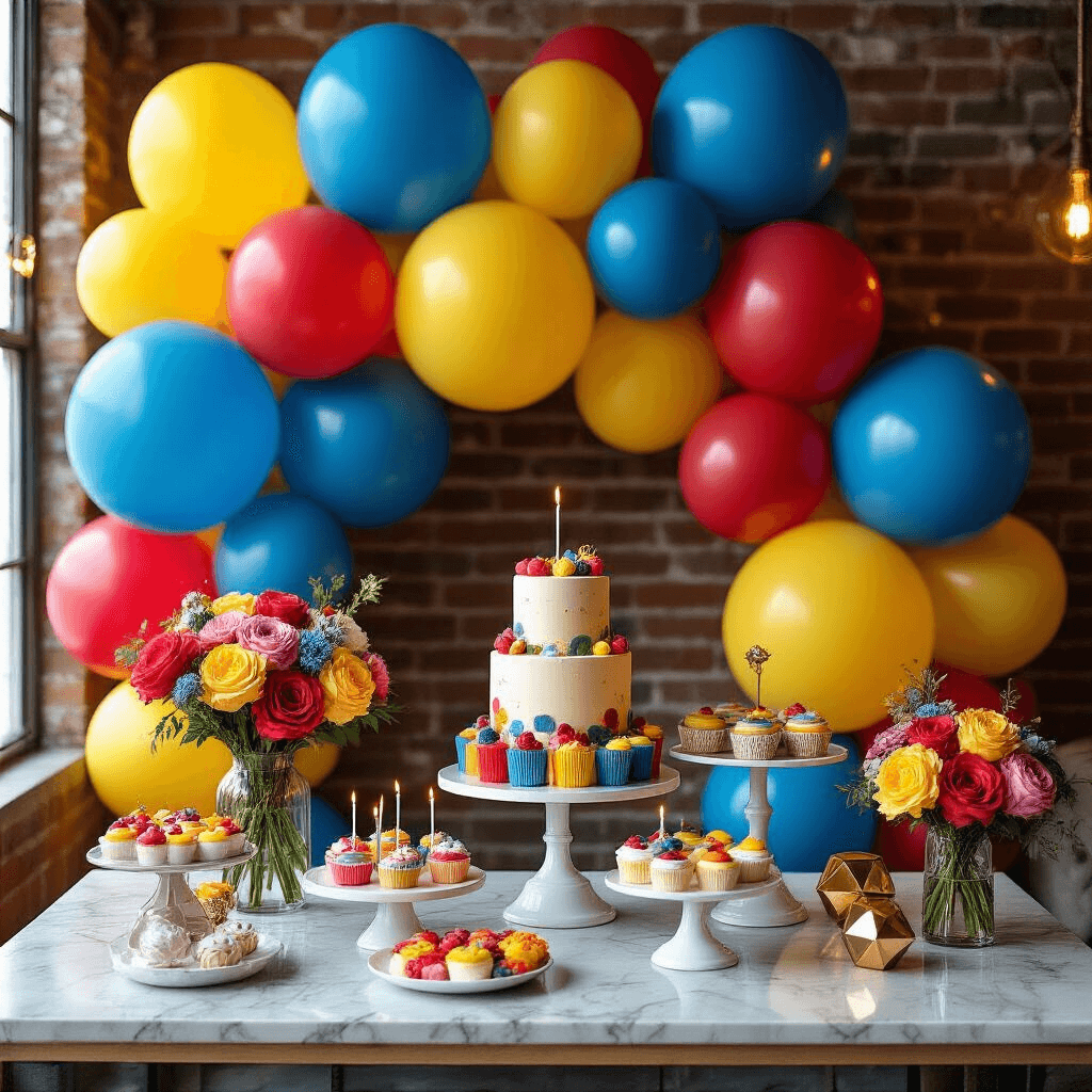 Close-up of a stylish apartment birthday celebration setup featuring a vibrant balloon wall in electric blue, sunshine yellow, and cherry red, with a dessert table against exposed brick walls, illuminated by candlelight and LED strip lights, showcasing colorful treats, geometric metallic weights, and plush jewel-toned pillows.