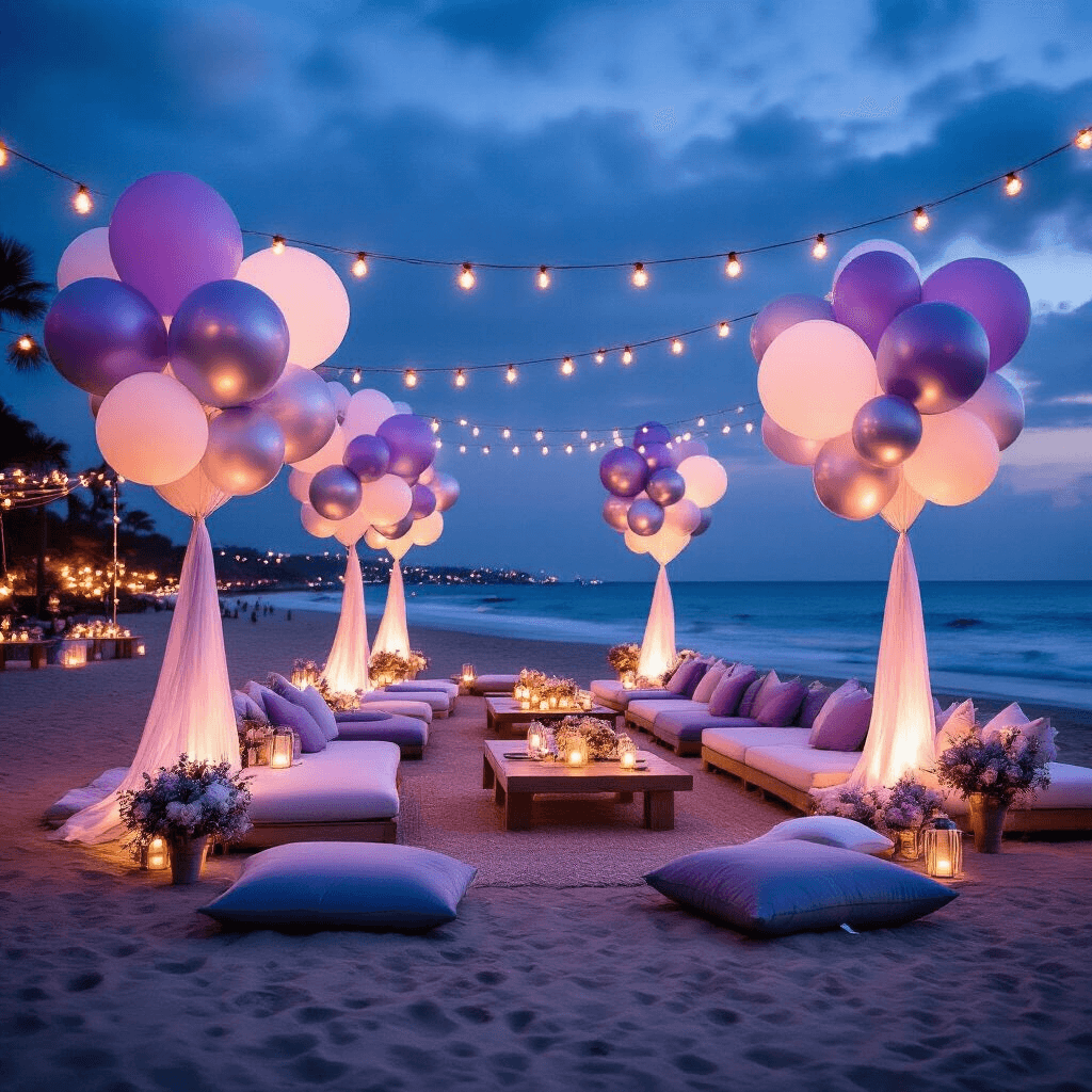 A wide shot of a beachfront celebration at night, featuring weather-resistant balloon installations in lavender, silver, and white, with romantic seating areas of plush floor cushions and low tables. The scene includes weighted balloon clusters, string lights, paper lanterns, a gift table with chiffon draping and cascading balloon garlands, and a signature drink station with themed decor, all set against a twilight ocean backdrop.