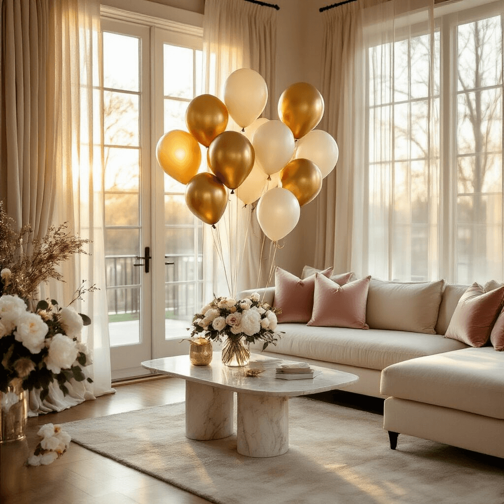 A wide-angle shot of an elegant indoor living room during golden hour, featuring gold and ivory foil balloons floating near a large picture window, anchored with silk ribbon clusters. A cream sectional sofa with blush and gold pillows, a marble coffee table with white peonies and eucalyptus, and a welcome banner above a candlelit fireplace complete the sophisticated ambiance.