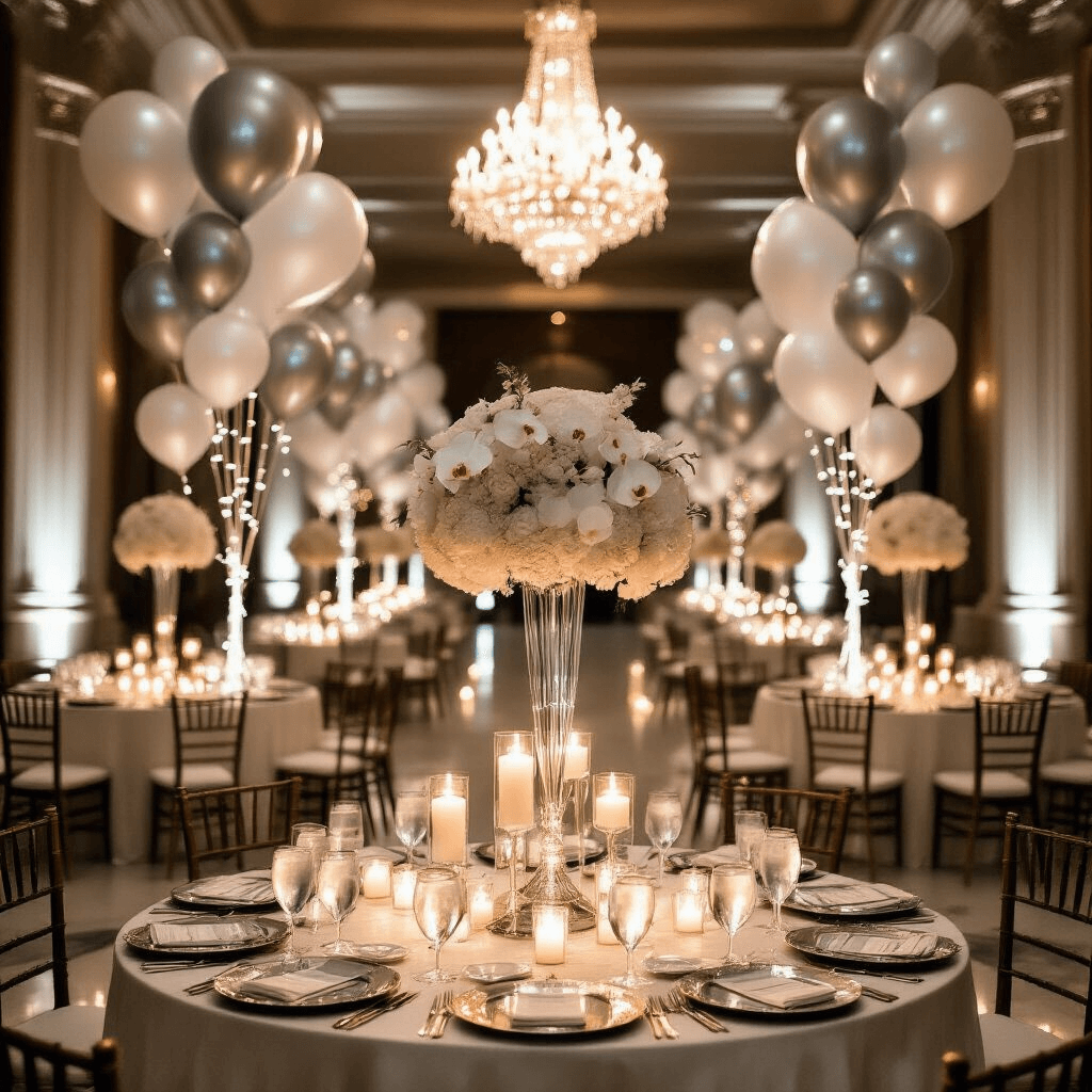 A luxurious indoor ballroom celebration featuring towering silver number balloons at the entrance, illuminated by warm fairy lights and crystal chandeliers, with round ivory silk-draped tables, tall glass centerpieces of white orchids, and flickering candles, all reflecting beautifully on polished marble floors in a moody, elegant atmosphere.