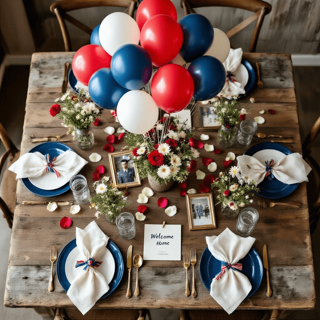 Overhead flat lay of a rustic dining table set for a welcome home celebration, featuring a patriotic balloon bouquet centerpiece, vintage military photos, navy blue ceramic plates, wildflower-filled mason jars, and scattered rose petals, all bathed in soft morning light.