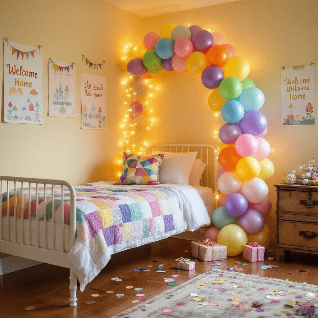 A whimsical children's bedroom with a balloon column display, featuring rainbow-colored balloons, fairy lights, a twin bed with white sheets and a patchwork quilt, and metallic confetti scattered on the hardwood floor.