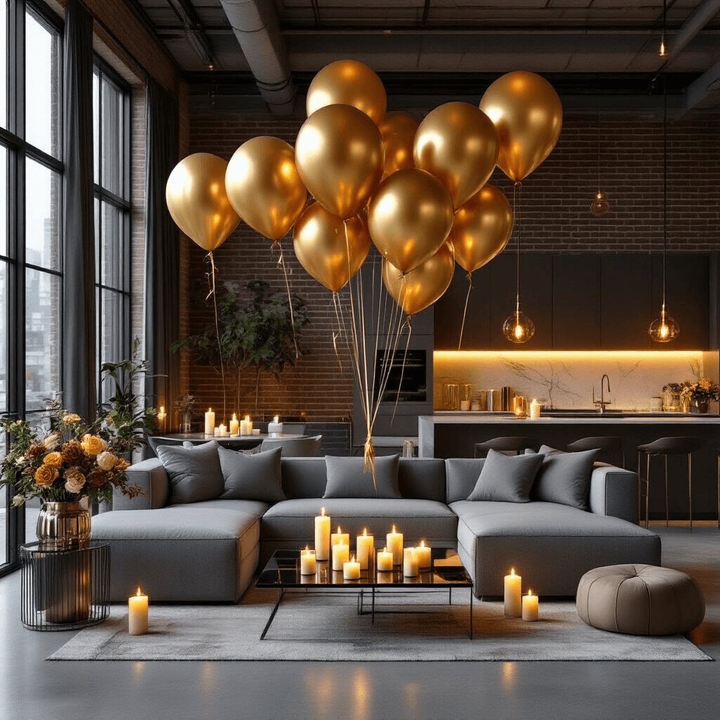 Cinematic wide shot of a modern apartment living space with candlelight ambiance, featuring a gold foil balloon installation above a gray sectional sofa, surrounded by candles and a marble kitchen island with floral arrangements.