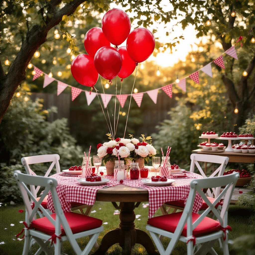 Cinematic wide-angle shot of a backyard garden party at golden hour, featuring red cherry-shaped foil balloons, a round wooden table with a red gingham tablecloth, and centerpieces of white roses and fresh cherries, illuminated by soft sunlight and string lights.