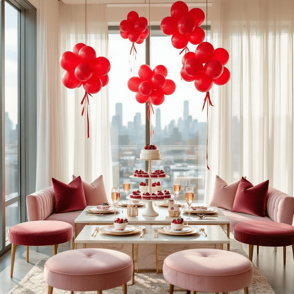 Overhead flat lay of an elegant bridal shower setup featuring cherry balloon clusters, blush pink velvet cushions, marble coffee tables, and a three-tiered cake stand with cherry tarts, all bathed in soft morning light from floor-to-ceiling windows.