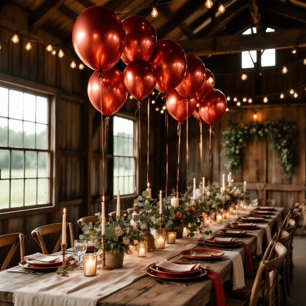 Moody candlelit scene of a rustic barn transformed for a summer birthday party, featuring large red cherry balloons above elegantly set farmhouse tables with cream linen runners, glass lanterns with candles, and terracotta and sage green accents, all under warm amber lighting and copper string lights.