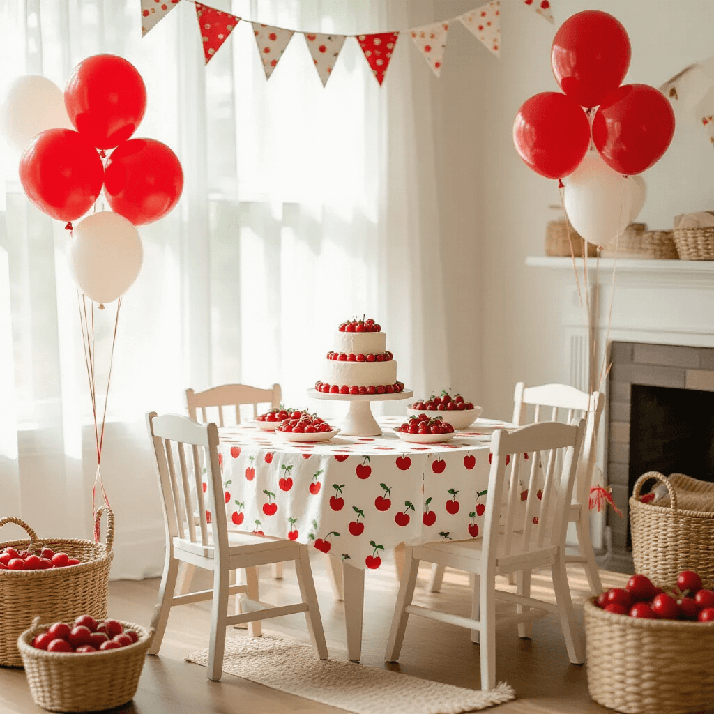 A whimsical child's first birthday party setup featuring DIY cherry balloons, miniature high chairs, a cherry-print tablecloth, a two-tier vanilla cake with fresh cherries, and cherry-themed party favors in a bright living room with natural sunlight.