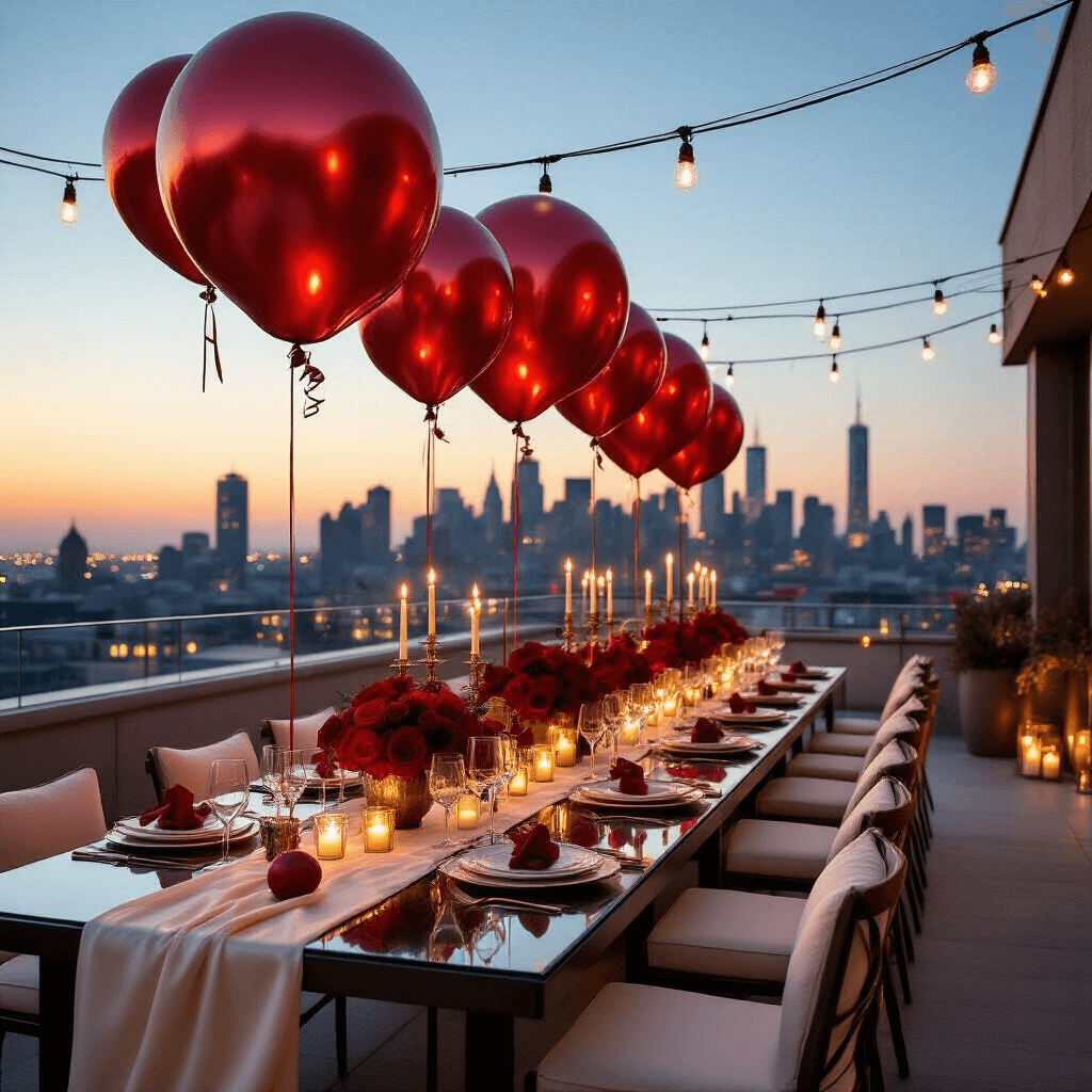 Luxurious rooftop terrace dinner party with cherry balloon arrangements, elegant table setting, and city skyline at night.
