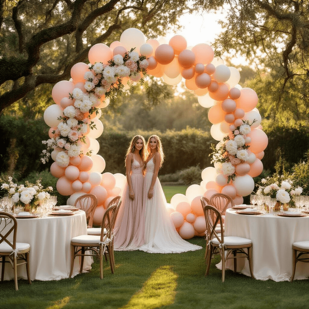 An elegant outdoor birthday party scene at golden hour, featuring a blush pink, cream, and rose gold balloon backdrop in a lush garden, surrounded by tiered tables with silk ivory linens, delicate floral arrangements, guests in flowing dresses, and elegant lounge furniture.
