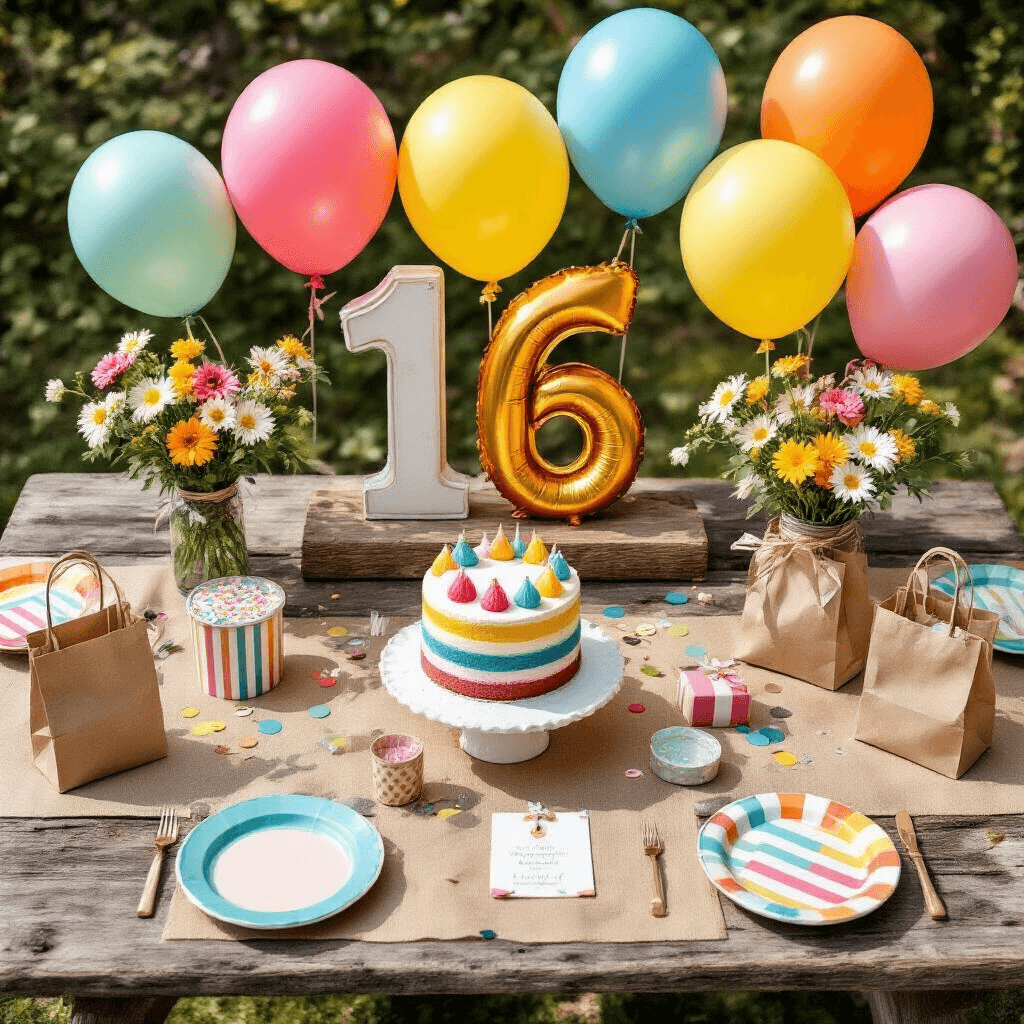 A whimsical children's birthday party setup on a rustic wooden picnic table featuring bright primary-colored number balloons, textured kraft paper runners, cheerful ceramic plates, DIY striped paper party favors, a rainbow layer cake on a ceramic stand, clusters of latex balloons with colorful ribbons, personalized reclaimed wood signage, fresh daisies in mason jar centerpieces, confetti, and small wrapped gifts, all bathed in natural morning light.