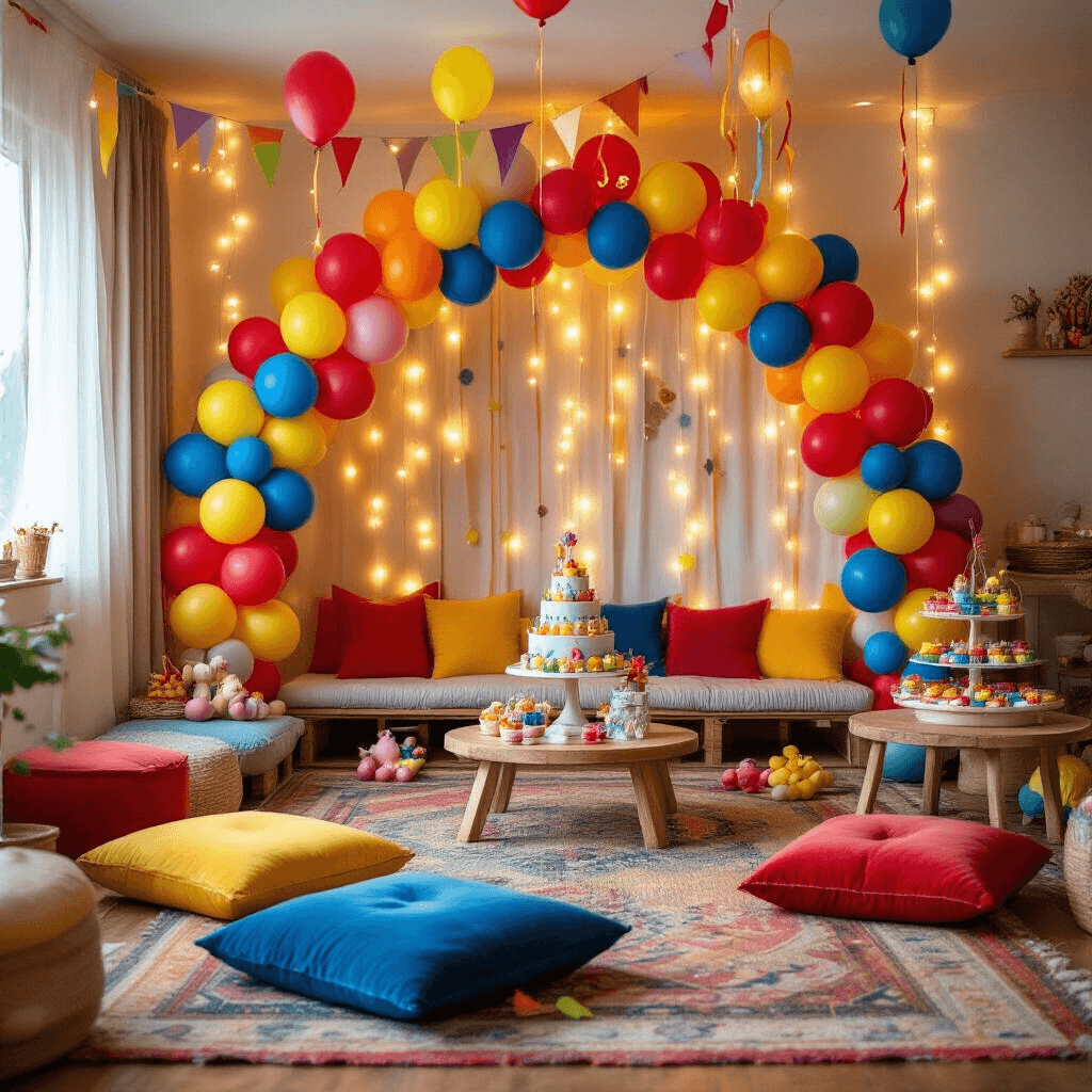A whimsical children's birthday party in a cozy living room, featuring colorful balloon arrangements, intimate seating with velvet cushions, a DIY photo booth, and soft string lights creating a magical ambiance.