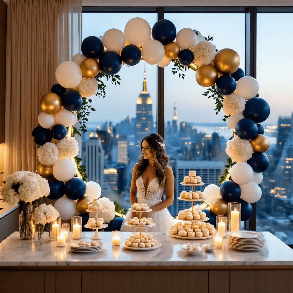 An elegant bridal shower in a modern apartment featuring a sophisticated navy, white, and gold balloon backdrop with artificial hydrangeas, string lights, and pillar candles. Guests gather around a marble kitchen island with desserts, while the bride-to-be poses in a midi dress against the glowing circular frame, framed by sheer champagne drapery and overlooking city lights.