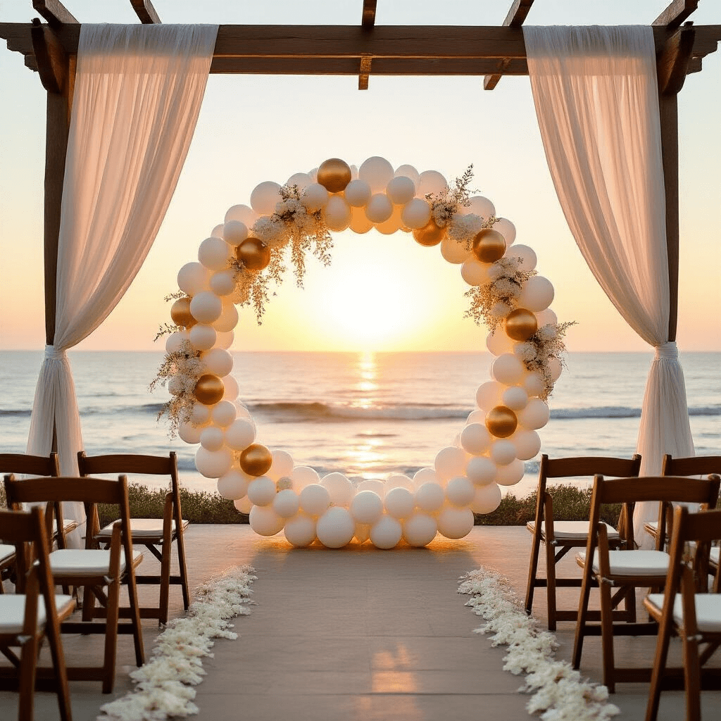 Elegant wedding ceremony setup on a beachfront terrace at golden hour, featuring a round balloon backdrop in white, cream, and gold, rustic wooden chairs, billowing chiffon fabric, cascading orchids, and an ocean view, with an aisle of rose petals and lanterns ready for illumination.