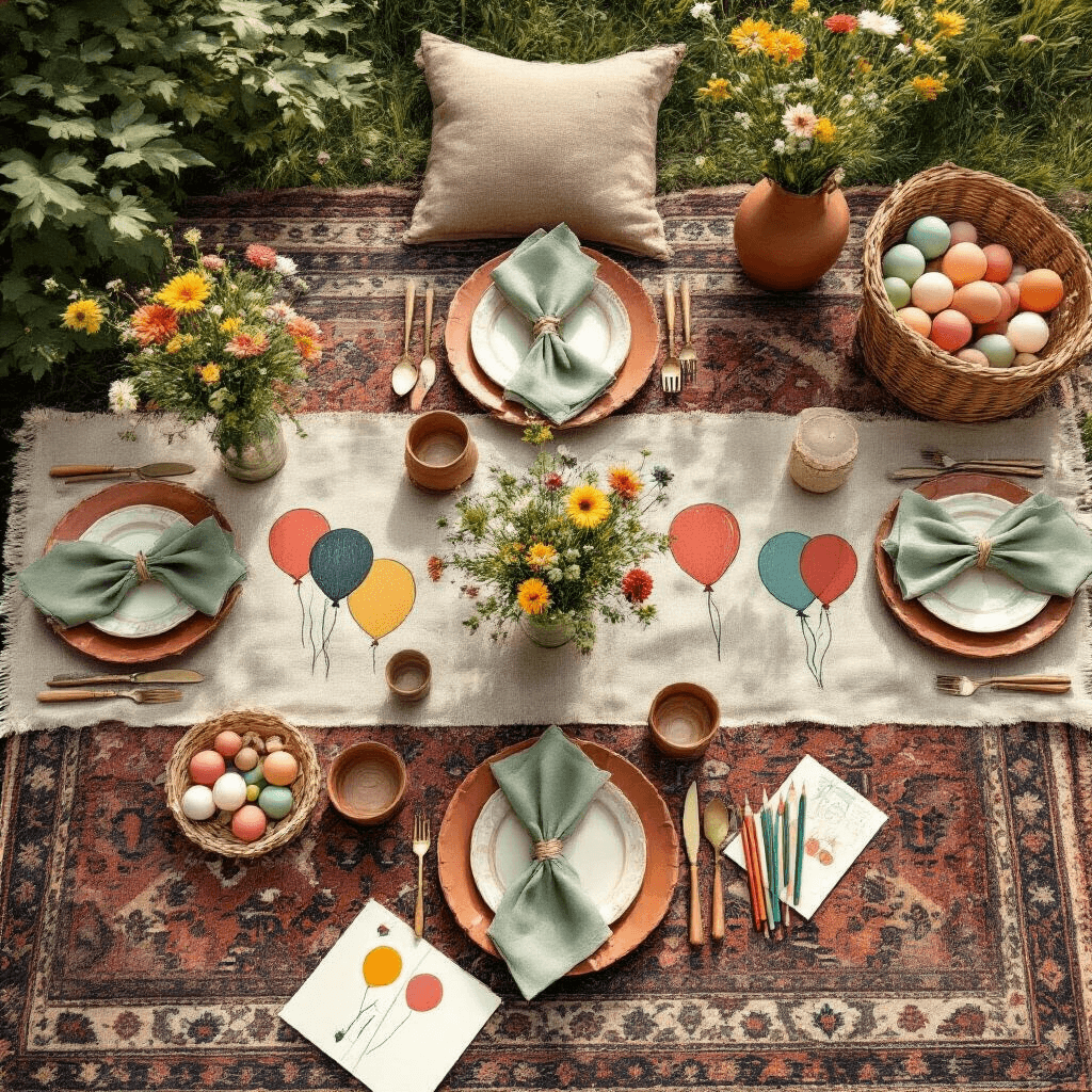 A photorealistic overhead view of an intimate garden party setup featuring a picnic on vintage Persian rugs, decorated with hand-drawn balloon illustrations on kraft paper table runners, terracotta plates, sage green napkins, and wildflower centerpieces in mason jars. Wicker baskets with balloon-decorated favors and brass candlesticks complement the scene, which includes scattered art supplies and morning dew glistening on lavender bushes, all illuminated by soft sunlight.
